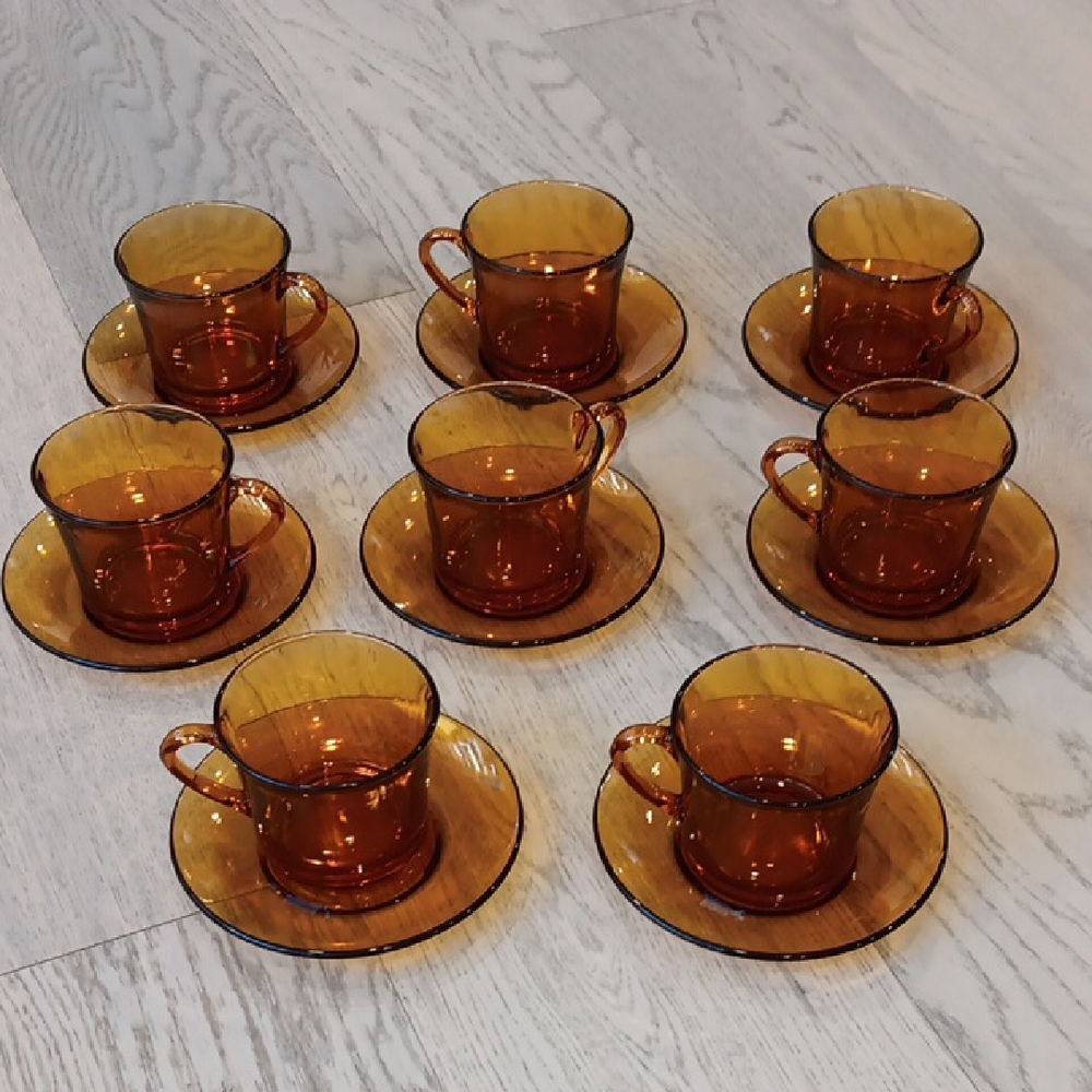 DURALEX Vintage French Amber Glass Coffee Cups and Saucers